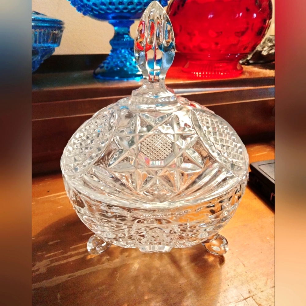 Vintage American Brilliant Cut Glass Candy Dish with Star lid